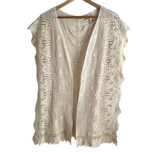 Soft Surroundings Cream Crochet Boho Open Cotton Knit Vest One Size